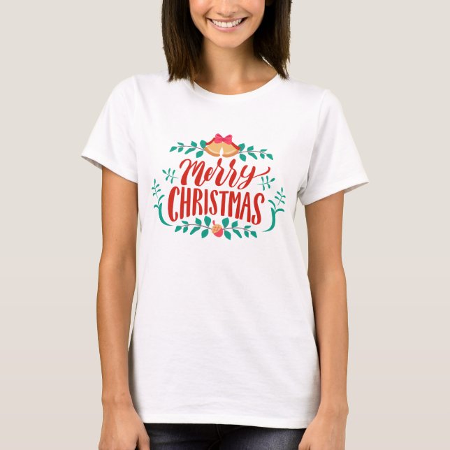 Merry Christmas Bells Floral Festive Holiday Women T-Shirt (Front)