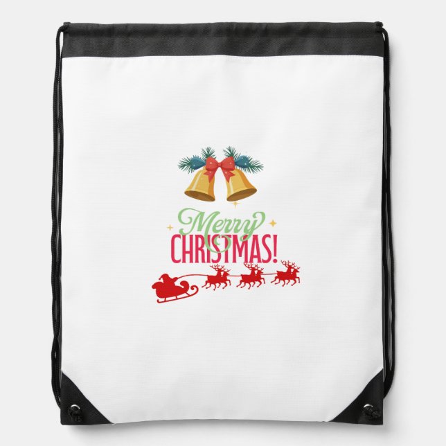 Merry Christmas – Bells & Santa Sleigh Design Drawstring Bag (Front)