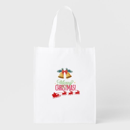 Merry Christmas – Bells & Santa Sleigh Design Grocery Bag
