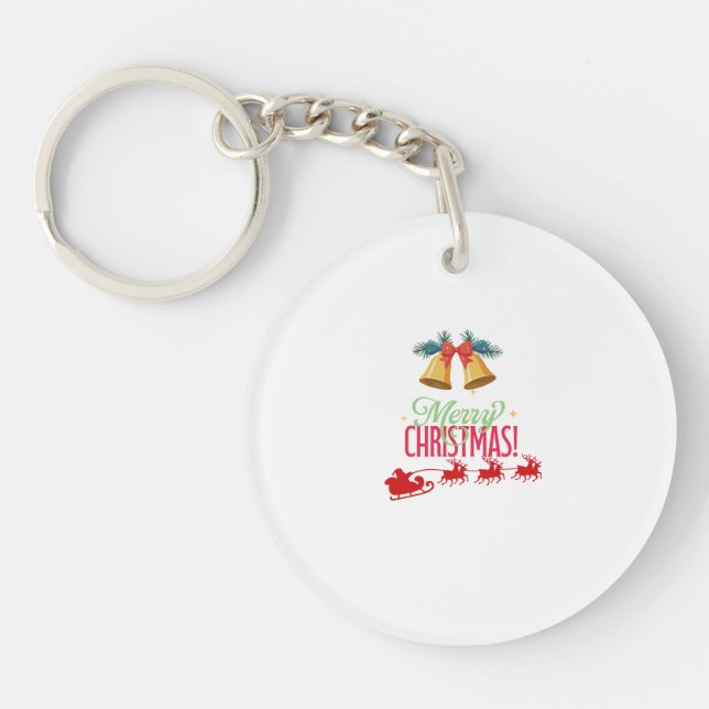 Merry Christmas – Bells & Santa Sleigh Design Keychain (Front)