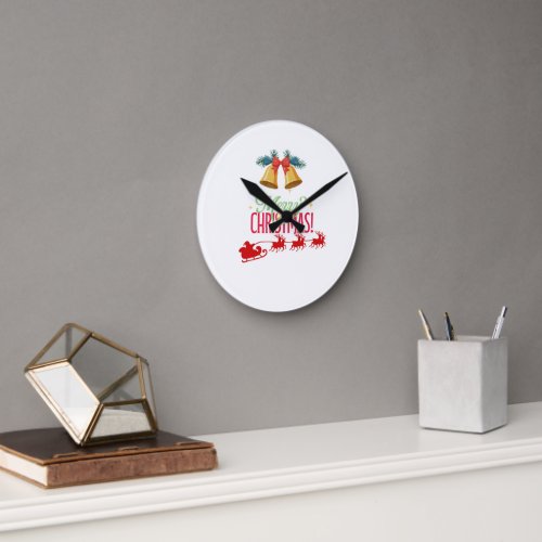Merry Christmas – Bells & Santa Sleigh Design Round Clock