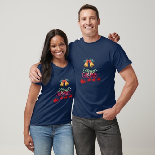 Merry Christmas – Bells & Santa Sleigh Design T-Shirt