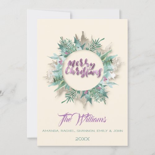 Merry Christmas Belly Wreath Monogram Ivory Purple Invitation