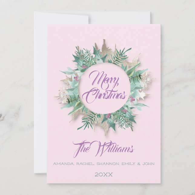 Merry Christmas Belly Wreath Monogram Pink Purple Invitation (Front)