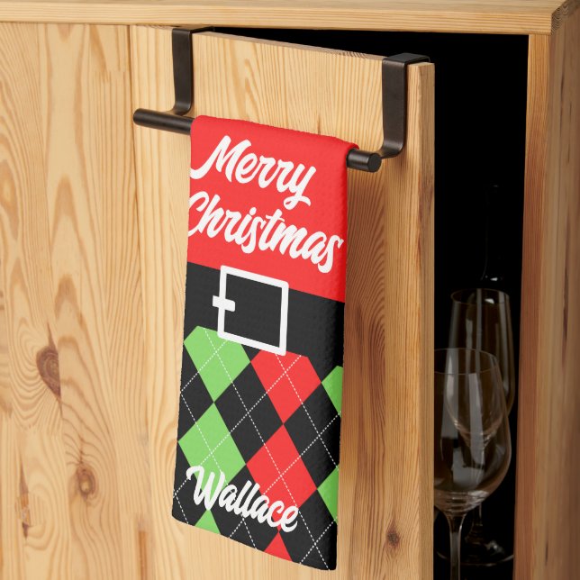 Merry Christmas Belt and Argyle Red Kitchen Towel (Thirds Fold)