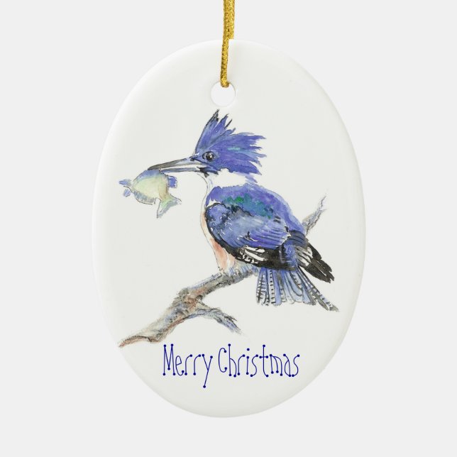 Merry Christmas Belted Kingfisher - Bird, Nature Ceramic Ornament (Front)