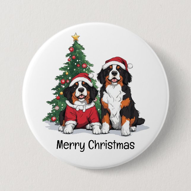 Merry Christmas Bernese Mountain Dogs Button (Front)