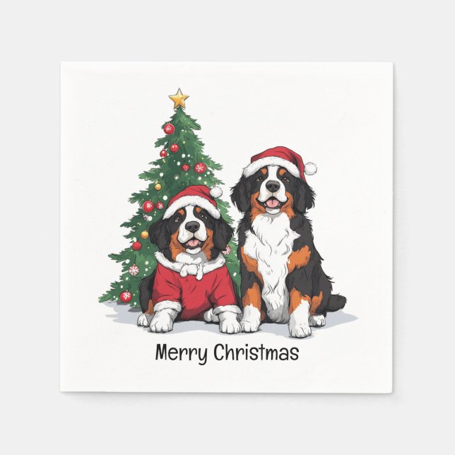 Merry Christmas Bernese Mountain Dogs Napkins (Front)