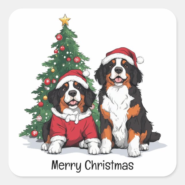 Merry Christmas Bernese Mountain Dogs Square Sticker (Front)