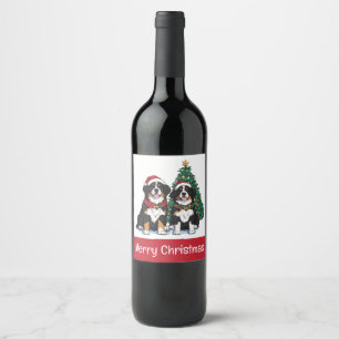 Merry Christmas Bernese Mountain Dogs Wine Label