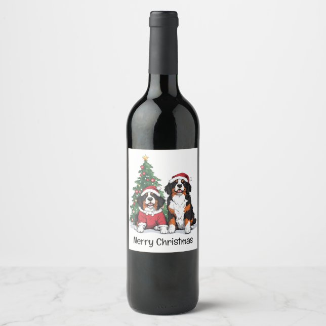 Merry Christmas Bernese Mountain Dogs Wine Label (Front)