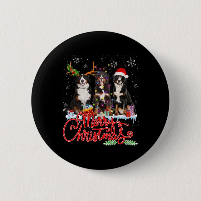 Merry Christmas Bernese Mountain Santa Reindeer Li Button (Front)