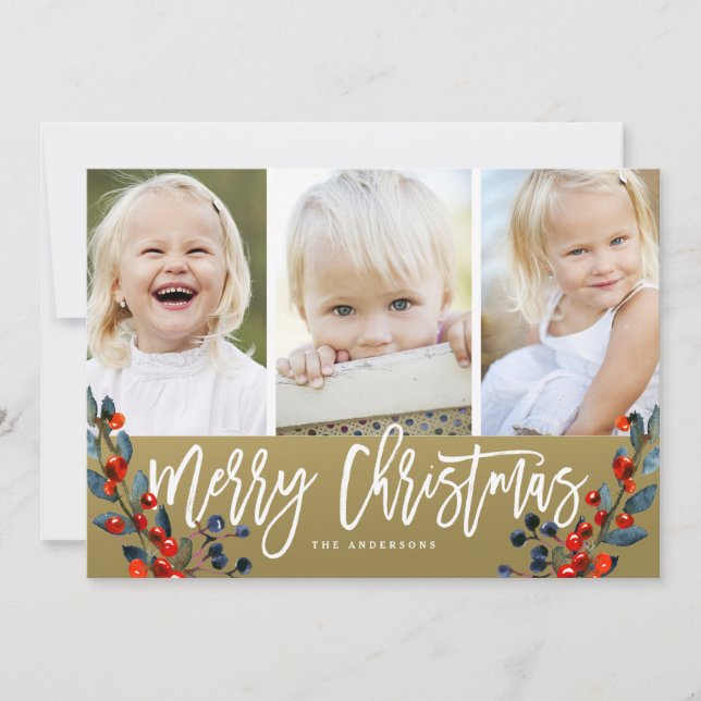 Merry Christmas Berries 3 Photo Holiday Card (Front)