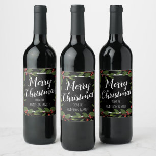 Merry Christmas Berries Floral Wine Label
