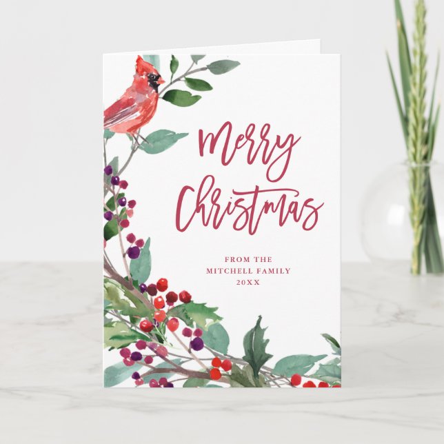 Merry Christmas Berries | Greenery and Red Bird Holiday Card (Front)