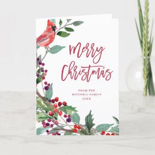 Merry Christmas Berries Greenery and Red Bird Holiday Card
