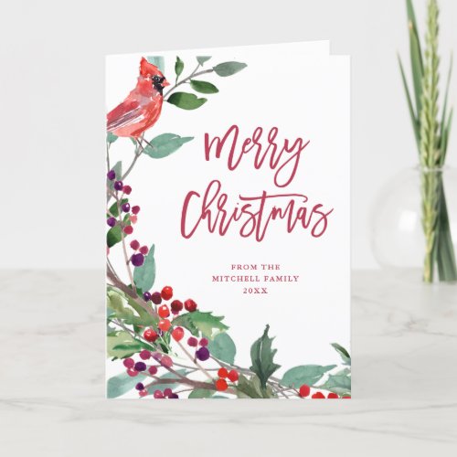 Merry Christmas Berries  Greenery and Red Bird Holiday Card