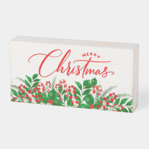 Merry Christmas Berries Leaves Candy Canes Wooden Box Sign