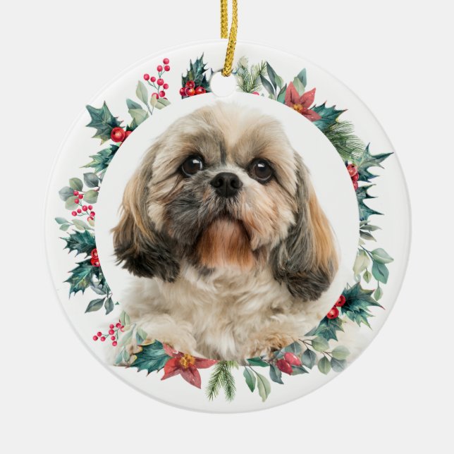Merry Christmas Berries Pet Dog Photo Personalized Ceramic Ornament (Front)