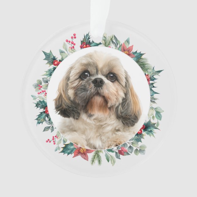 Merry Christmas Berries Pet Dog Photo Personalized Ornament (Front)