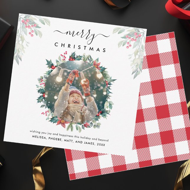 Merry Christmas Berries Photo Note Card (Christmas Greetings Photo Rustic Plaid Red and White Checkered Card)