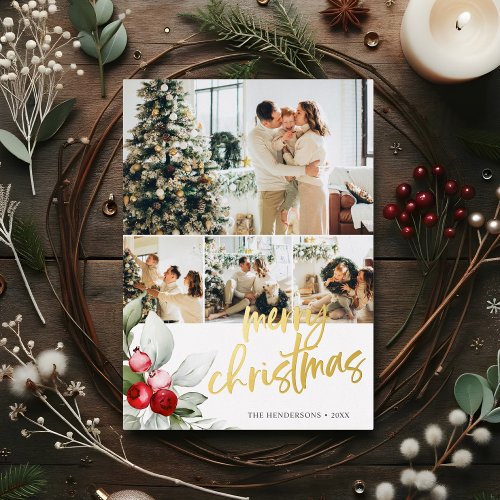 Merry Christmas Berries Script Photo Collage Foil Holiday Card