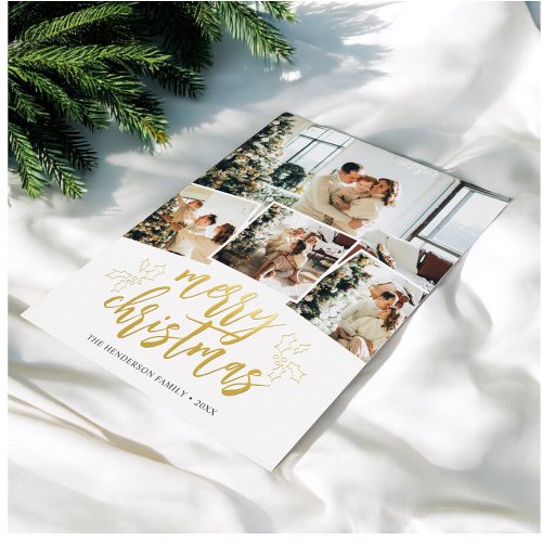 Merry Christmas Berries Script Photo Collage Foil Holiday Card