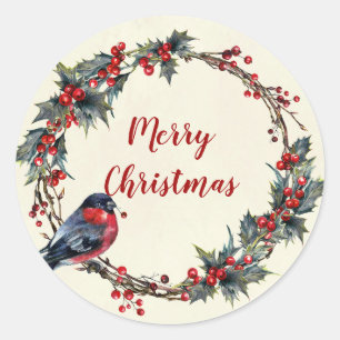 Merry christmas berries wreath bird sticker label