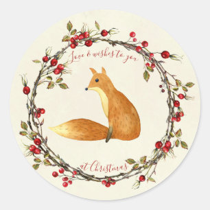Merry christmas berries wreath fox sticker label