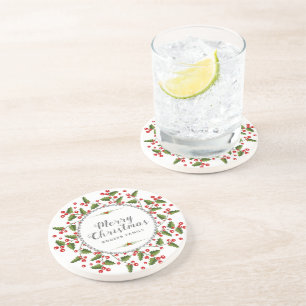 Merry Christmas Berries Wreath & Modern Typography Coaster