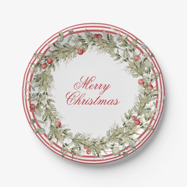 Merry Christmas Berries Xmas Wreath Holiday Paper Plates (Front)