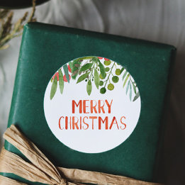 Merry Christmas Berry and Branches Watercolor Classic Round Sticker