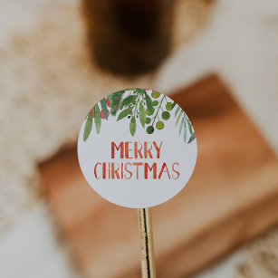 Merry Christmas Berry and Branches Watercolor  Classic Round Sticker