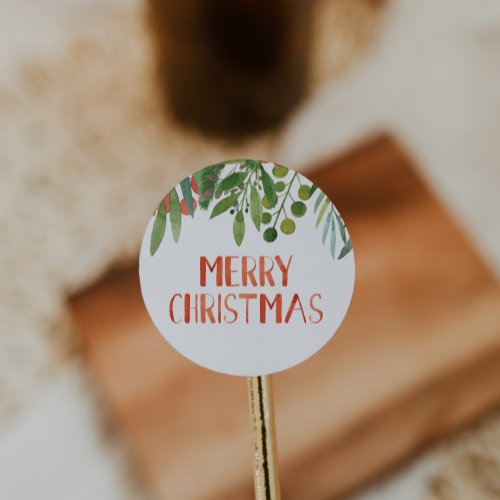Merry Christmas Berry and Branches Watercolor  Classic Round Sticker