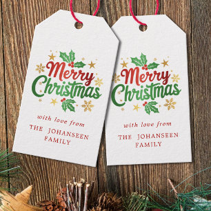 Merry Christmas Berry Gold Stars Snowflakes Family Gift Tags