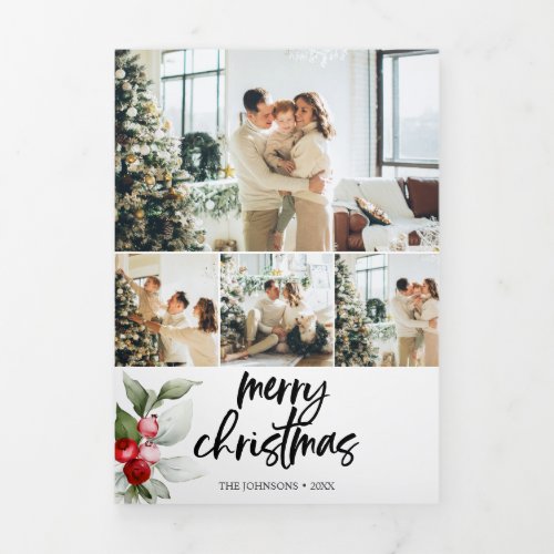 Merry Christmas Berry Leaves Photo Tri_Fold Holiday Card