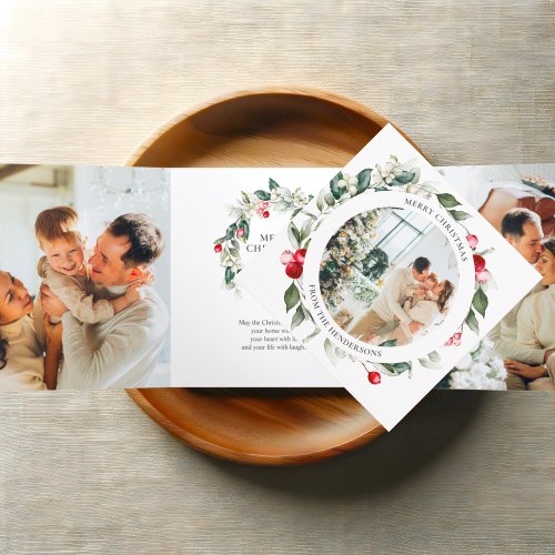 Merry Christmas Berry Leaves Photo Tri_Fold Holiday Card