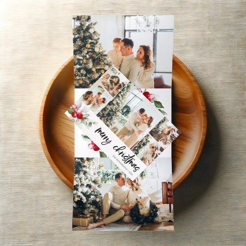 Merry Christmas Berry Leaves Photo Tri_Fold Holiday Card