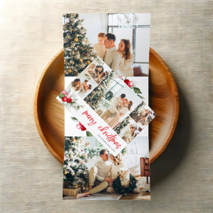 Merry Christmas Berry Leaves Photo Tri-Fold Holiday Card