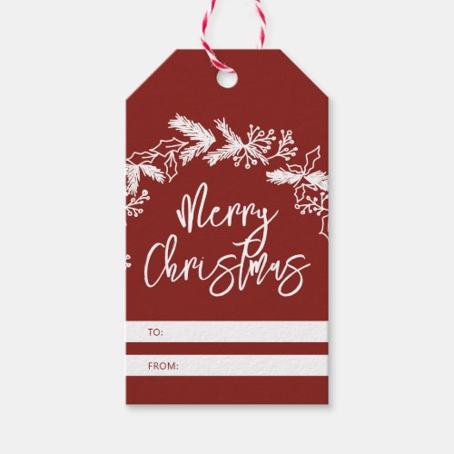 Merry Christmas Berry Leaves Wreath Gift Tags