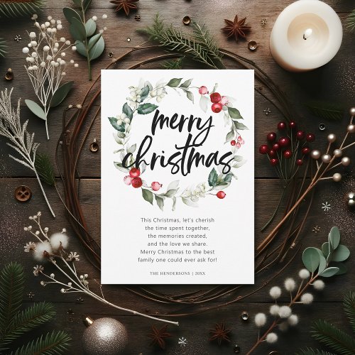 Merry Christmas Berry Leaves Wreath Holiday Card