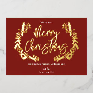 Merry Christmas Berry Leaves Wreath Red Foil Holiday Card