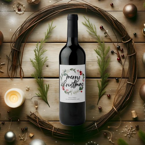 Merry Christmas Berry Leaves Wreath Wine Label