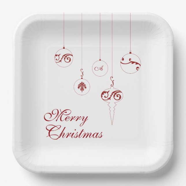 Merry Christmas Berry Red Monogram Bauble Paper Plates (Front)