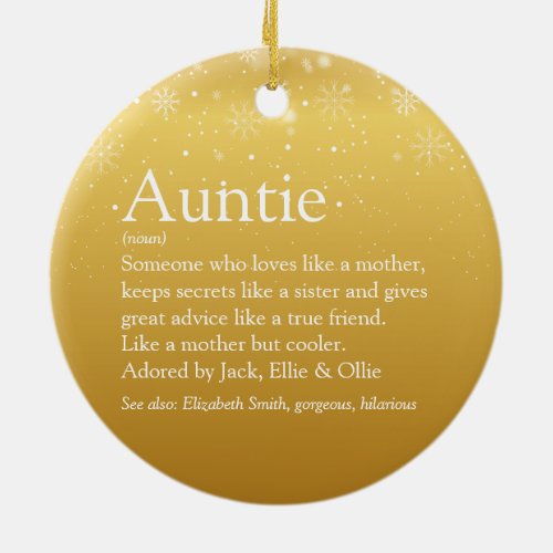 Merry Christmas Best Aunt Auntie Definition Gold  Ceramic Ornament