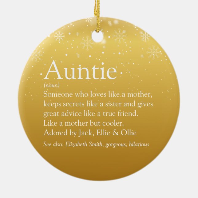Merry Christmas Best Aunt, Auntie Definition Gold  Ceramic Ornament (Back)