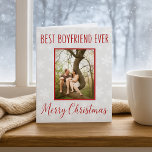 Merry Christmas Best Boyfriend Ever Holiday Card<br><div class="desc">An amazing Christmas card for your boyfriend,  this design features a snowy background with red font.  Upload your favorite photo.  The inside of the card has an amazing message.  Order yours today!

Stock Photography © Shelley N.  https://www.flickr.com/photos/msgolightly/9511533669/in/album-72157635077961368/ and provided by Creative Commons | https://creativecommons.org/licenses/by/2.0/

Background created by: AMBillustrations 
http://www.etsy.com/shop/AMBillustrations/</div>