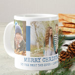 Merry Christmas Best Dad Ever 3 Photo Blue Giant Coffee Mug<br><div class="desc">Personalized Christmas Mug for Dad. This photo mug has a modern blue and white design with trendy typewriter typography. The photo template is ready for you to add 3 of your favorite family pictures (2x portrait and 1x landscape will be easiest to work with). You can also customize the wording...</div>