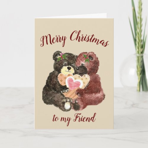 Merry Christmas Best Friend Cute Teddy Bear Hugs Holiday Card