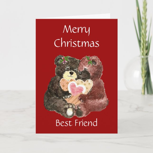 Merry Christmas Best Friend,Teddy Bear  Hugs Holiday Card (Front)